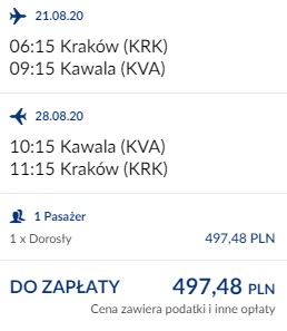 lot Kraków - Kawala 21.08-30.08.2020
