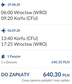 lot Wrocław - Korfu 29.08-05.09.2020