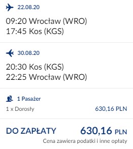 lot Wrocław - Kos 22.08-30.08.2020