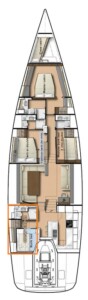Rzut wnętrza jachtu żaglowego CNB 76 - 3 kabiny, 3 łazienki, salon i kuchnia